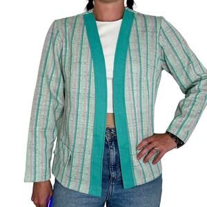 Vintage 1970s Striped Blazer Jacket Blue Green Pink Polyester Open Front